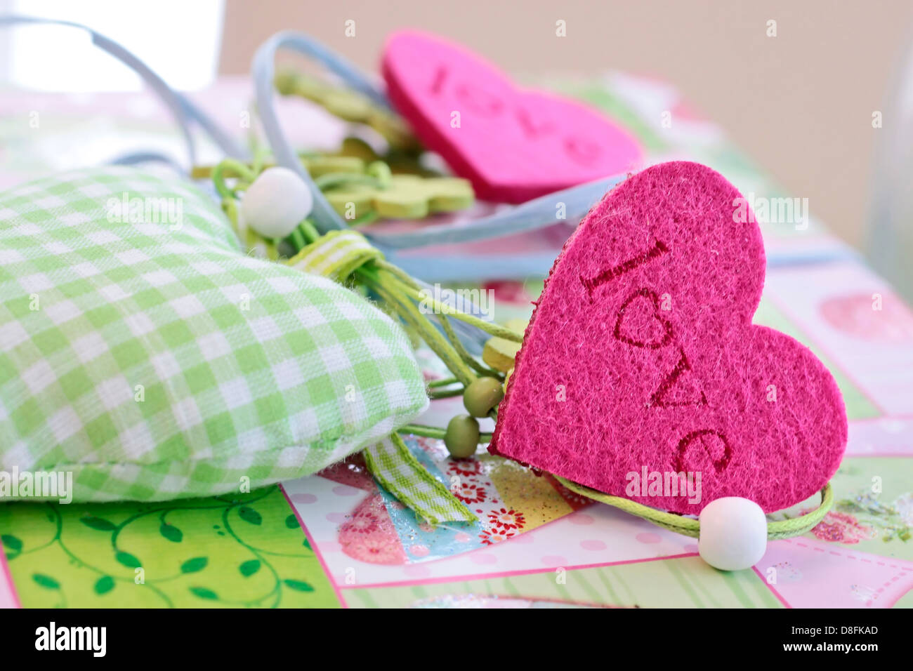 Pink and green hearts as decoration for Valentine`s Day Stock Photo